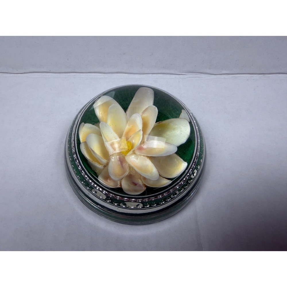 Vintage Glass Dome Paperweight Shell Flower Art 3in Cream Coastal Nautical Decor